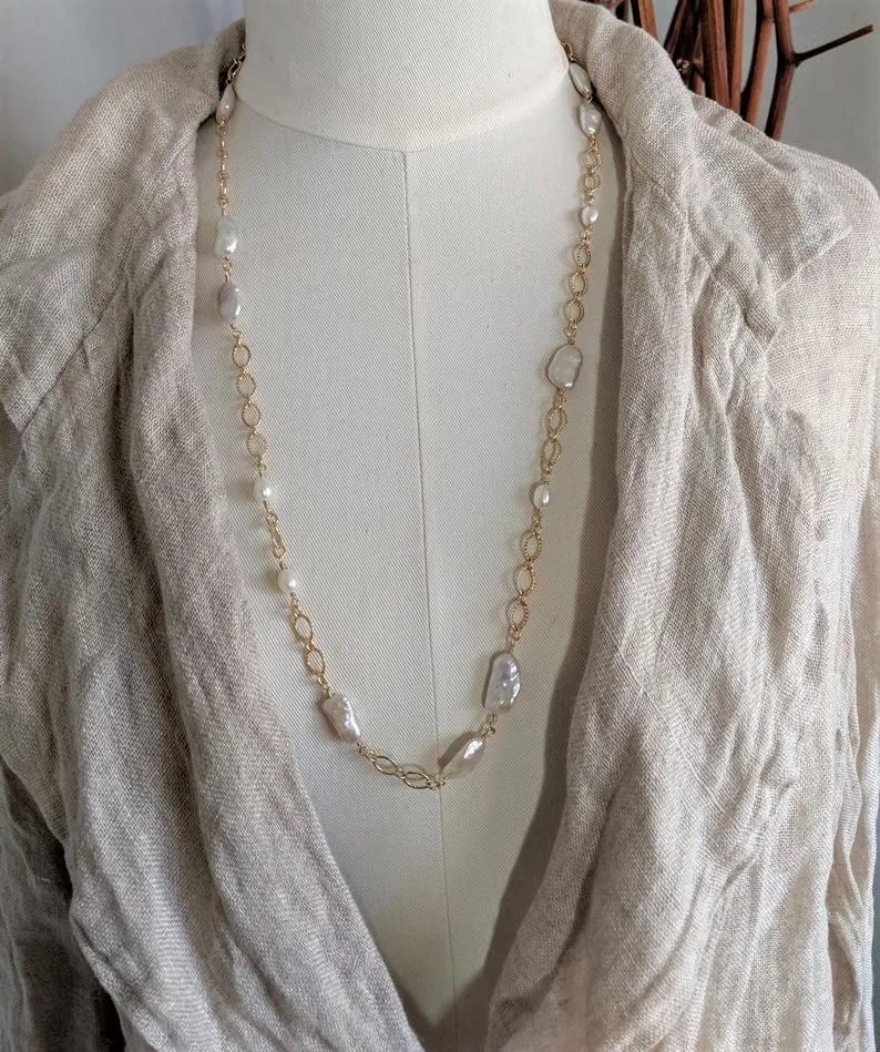 Long Baroque Pearl & Chain Necklace