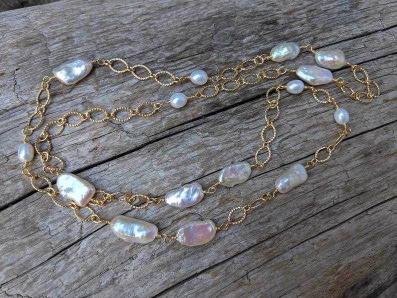 Long Baroque Pearl & Chain Necklace