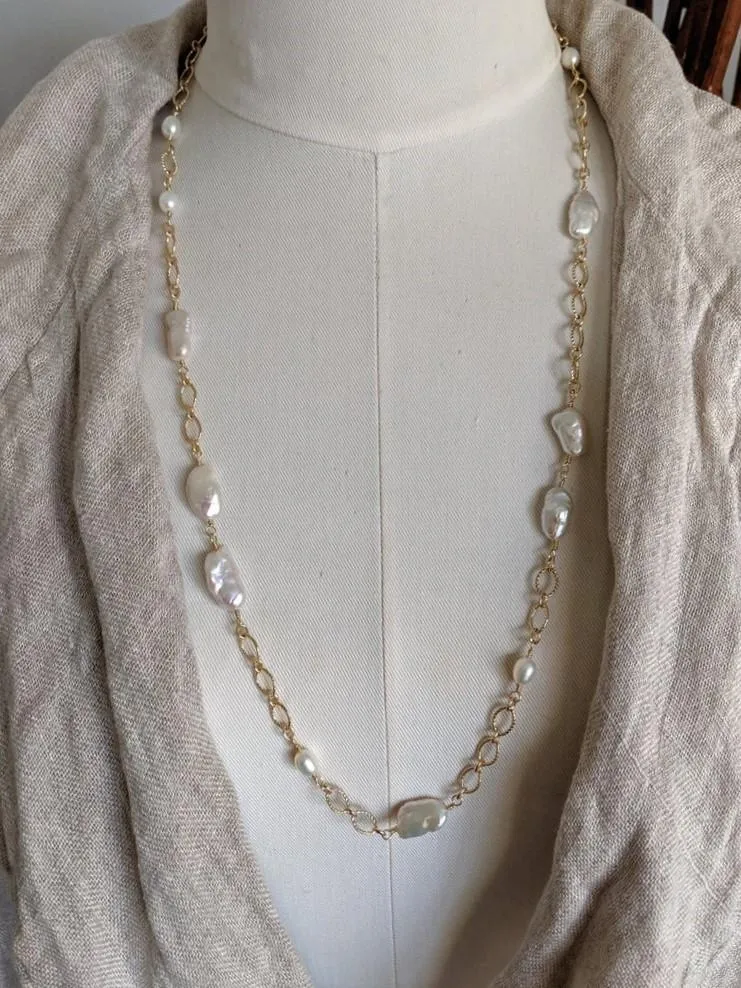 Long Baroque Pearl & Chain Necklace