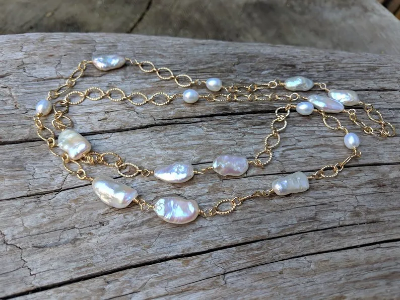 Long Baroque Pearl & Chain Necklace