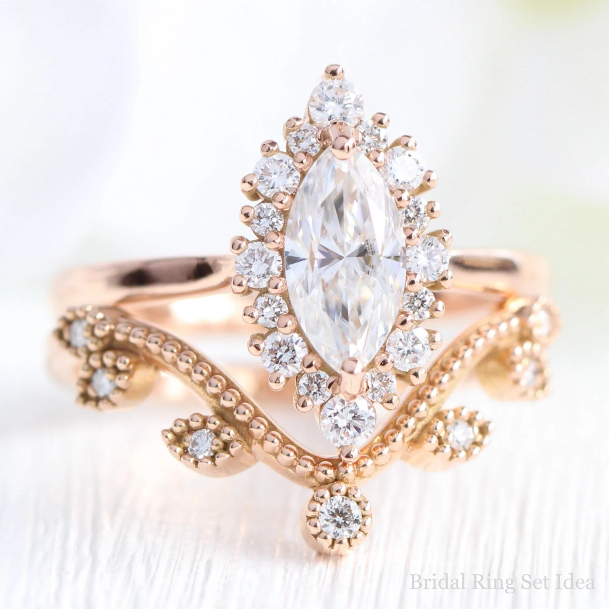 Marquise Moissanite Engagement Ring in Tiara Halo Diamond Tapered Band