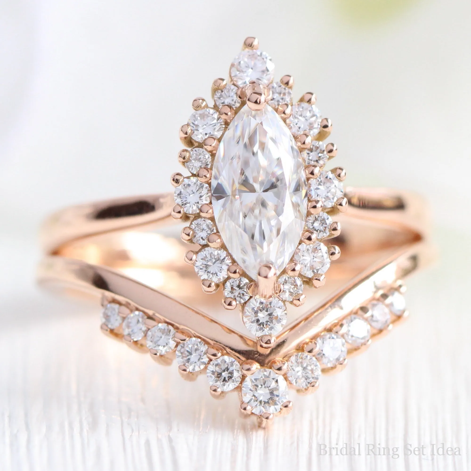 Marquise Moissanite Engagement Ring in Tiara Halo Diamond Tapered Band