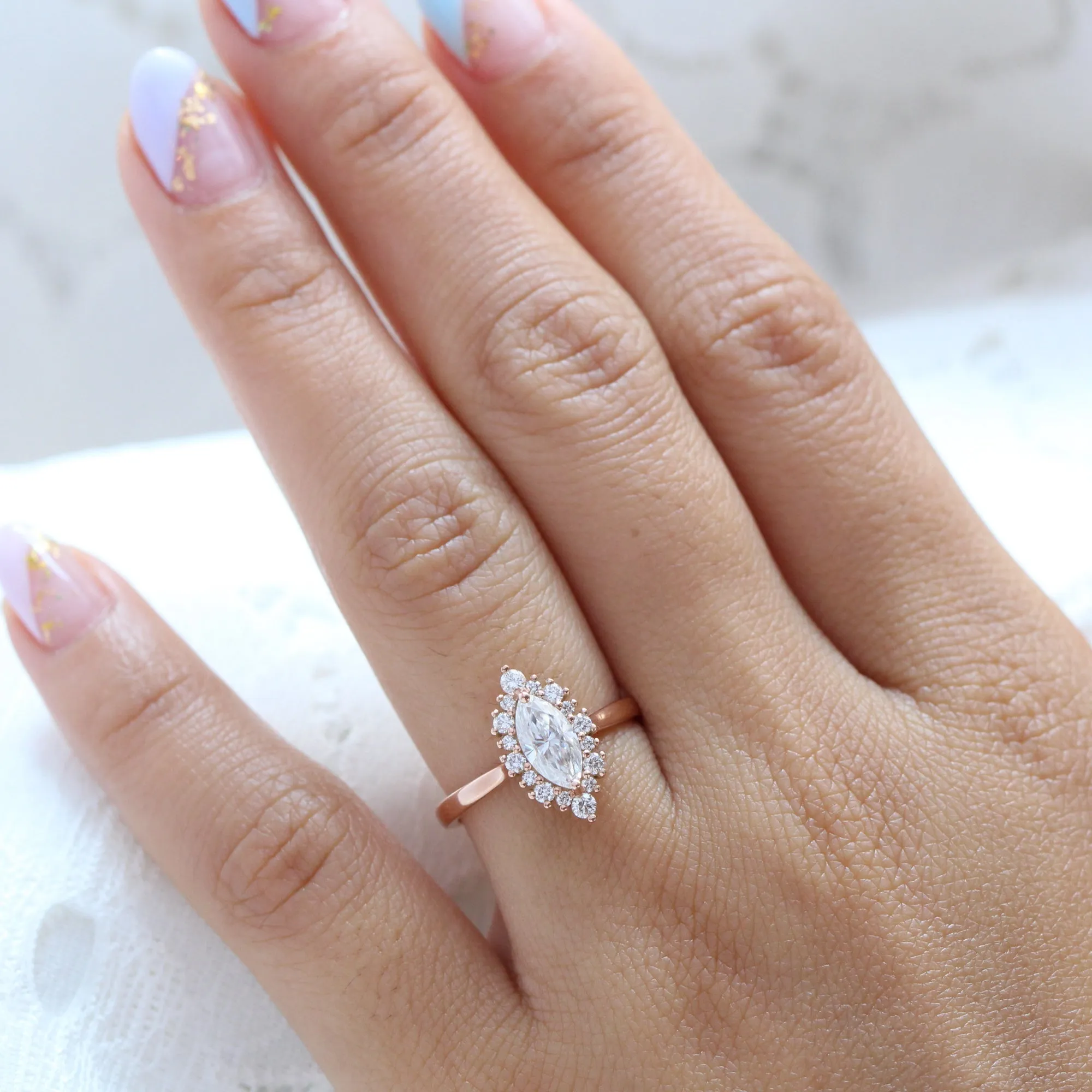 Marquise Moissanite Engagement Ring in Tiara Halo Diamond Tapered Band