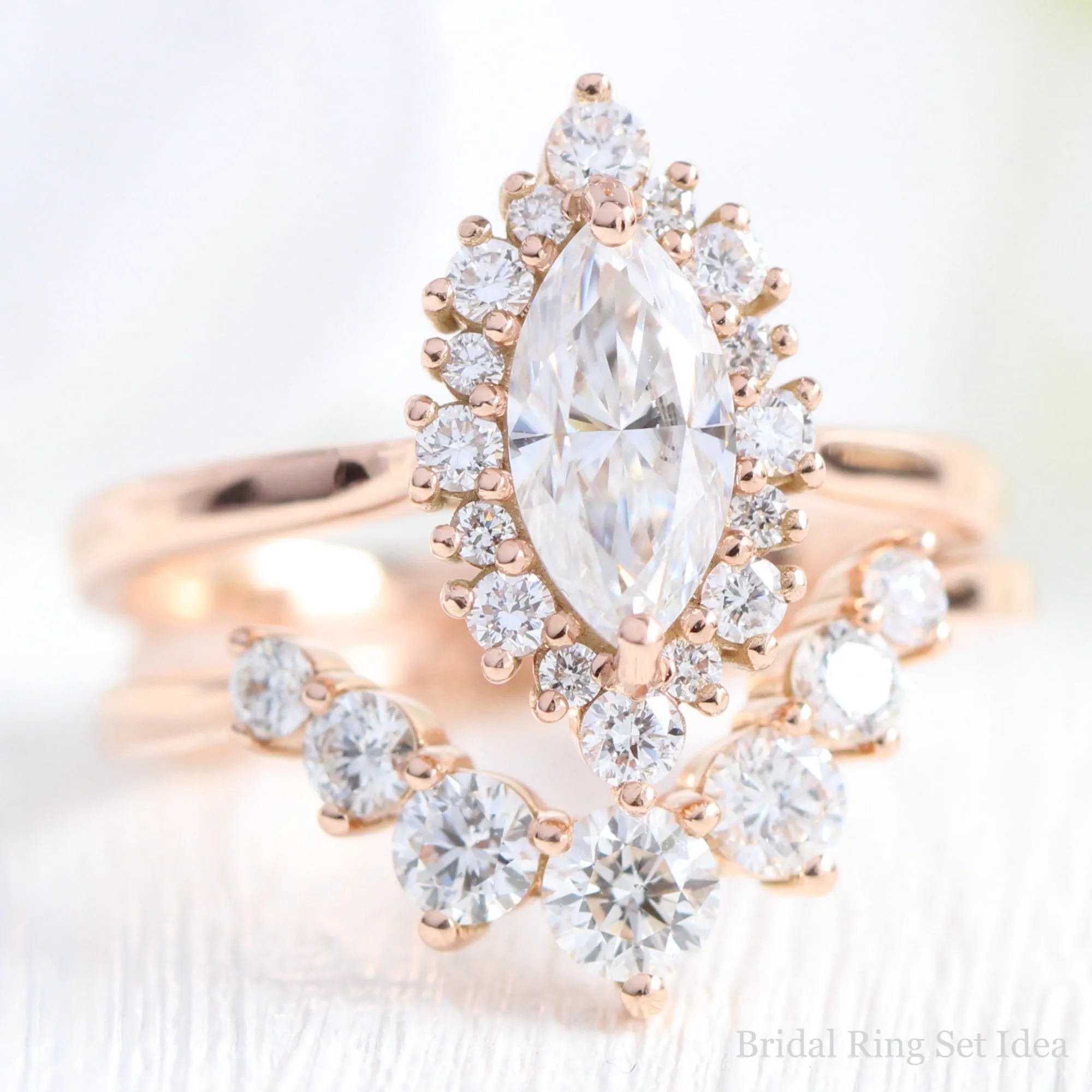 Marquise Moissanite Engagement Ring in Tiara Halo Diamond Tapered Band