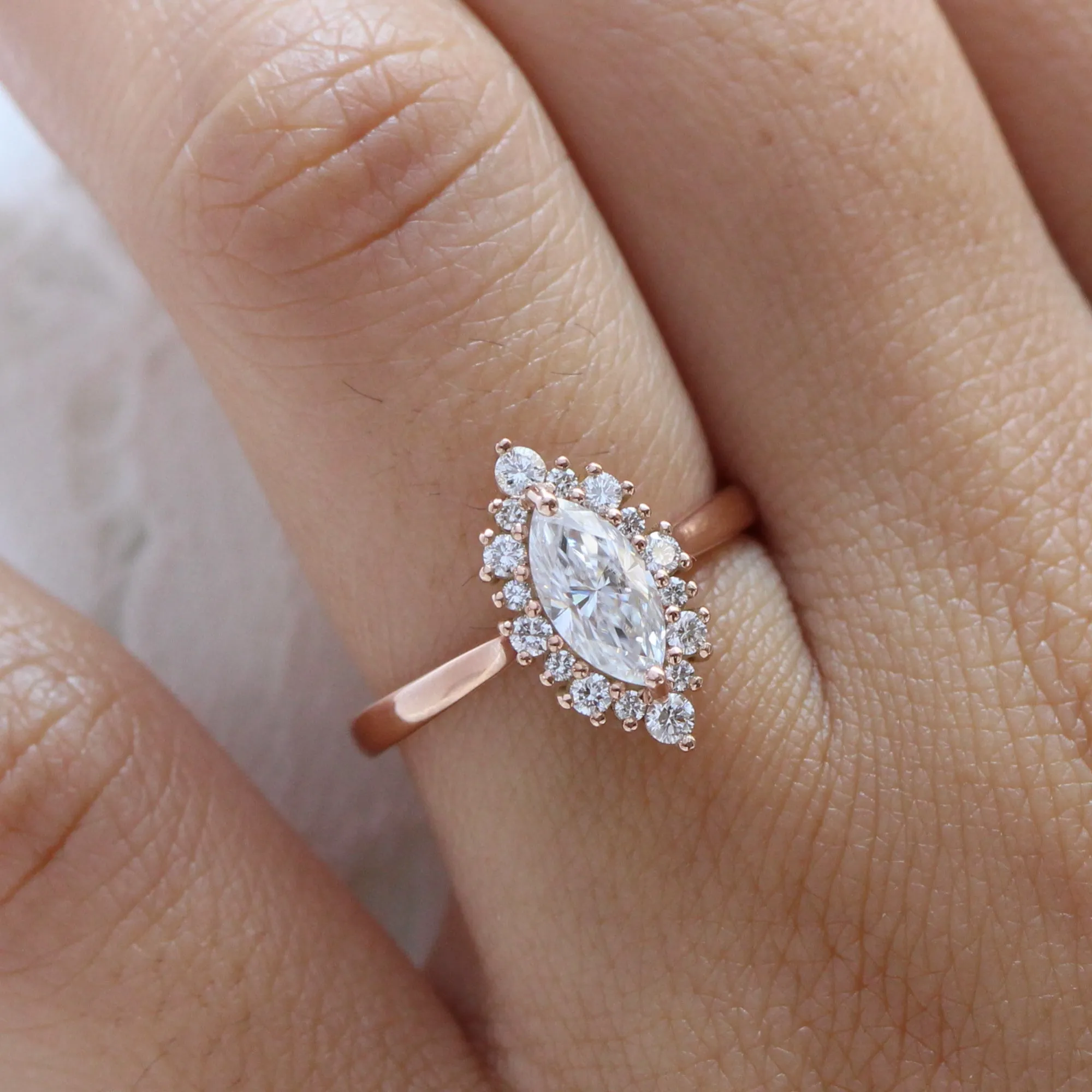Marquise Moissanite Engagement Ring in Tiara Halo Diamond Tapered Band