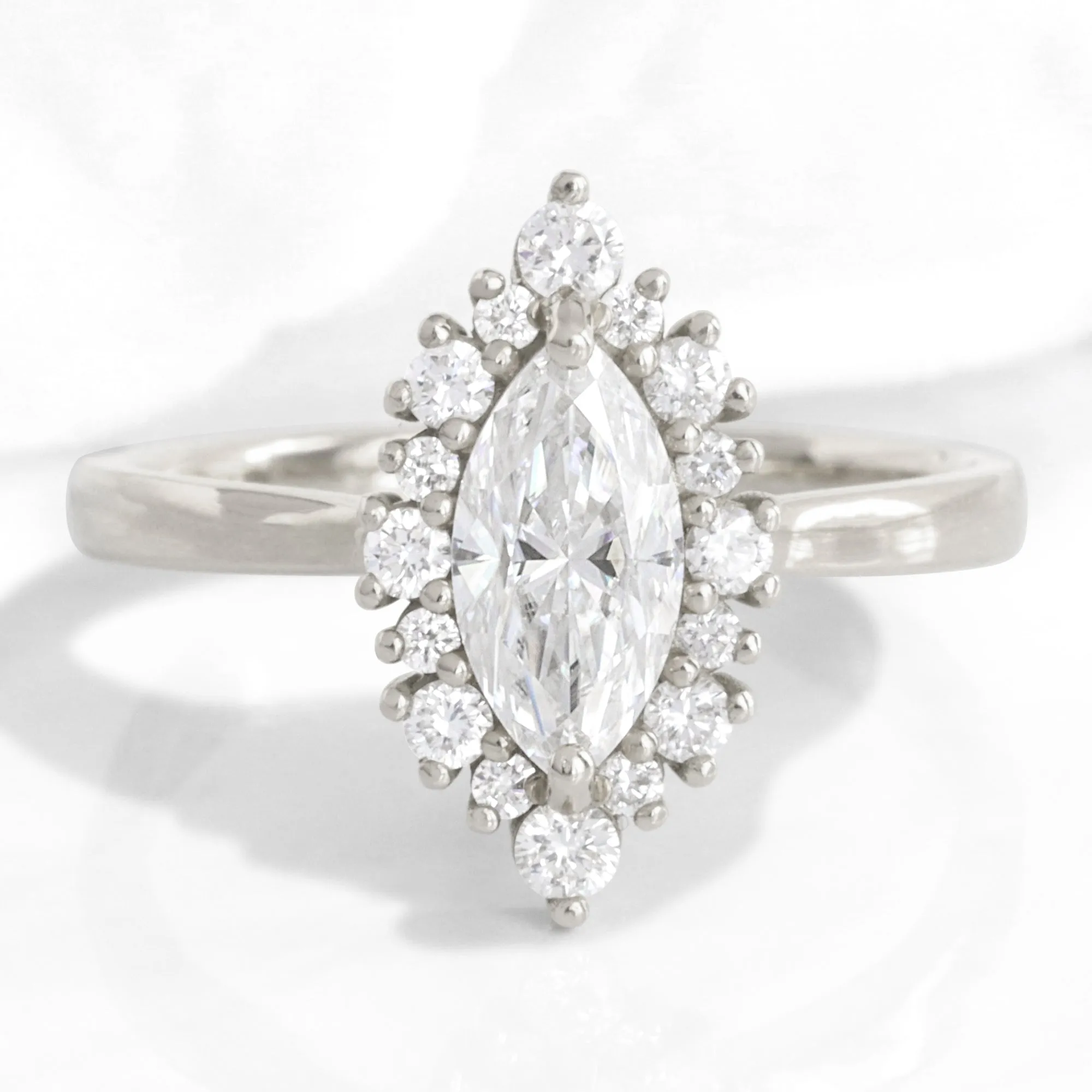 Marquise Moissanite Engagement Ring in Tiara Halo Diamond Tapered Band