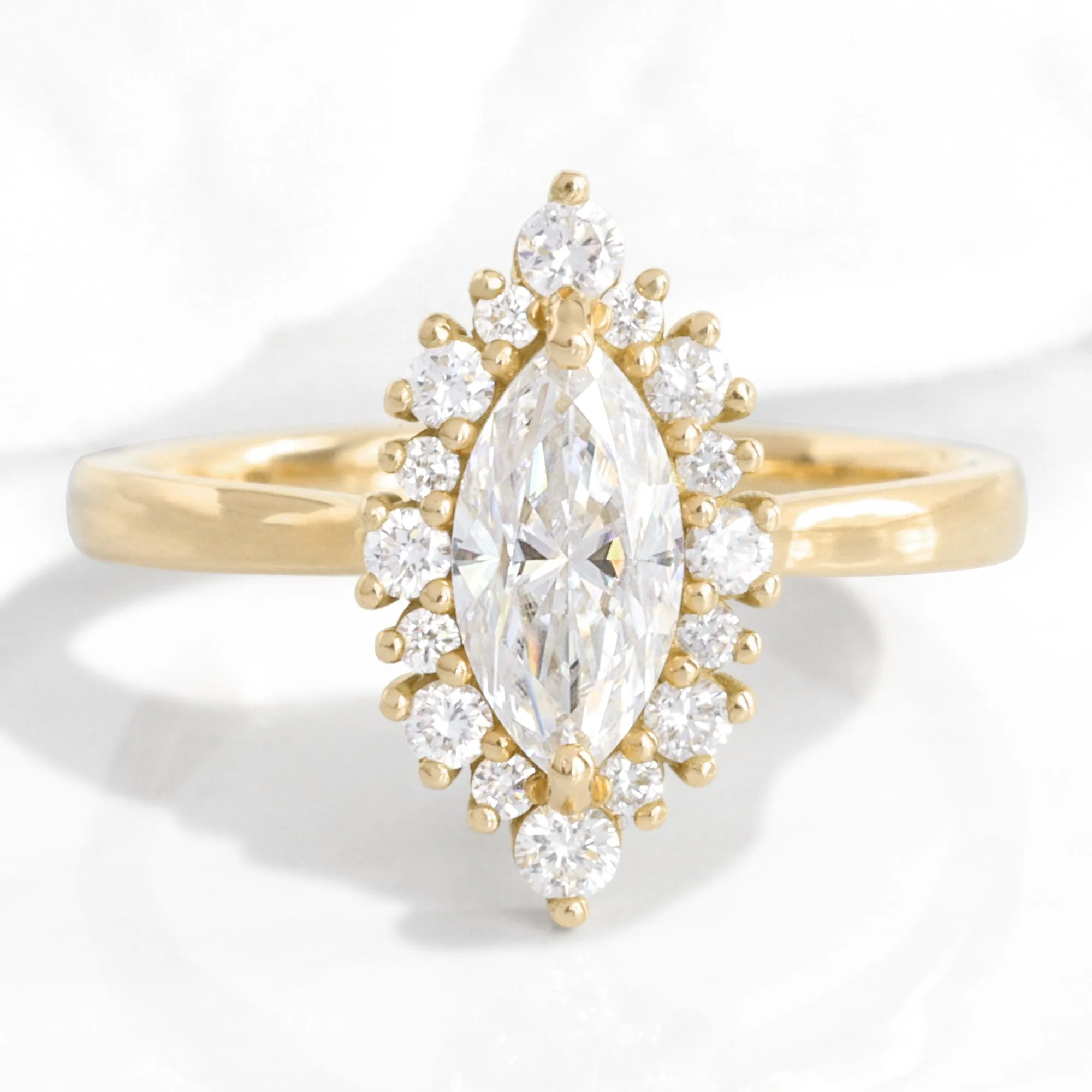 Marquise Moissanite Engagement Ring in Tiara Halo Diamond Tapered Band