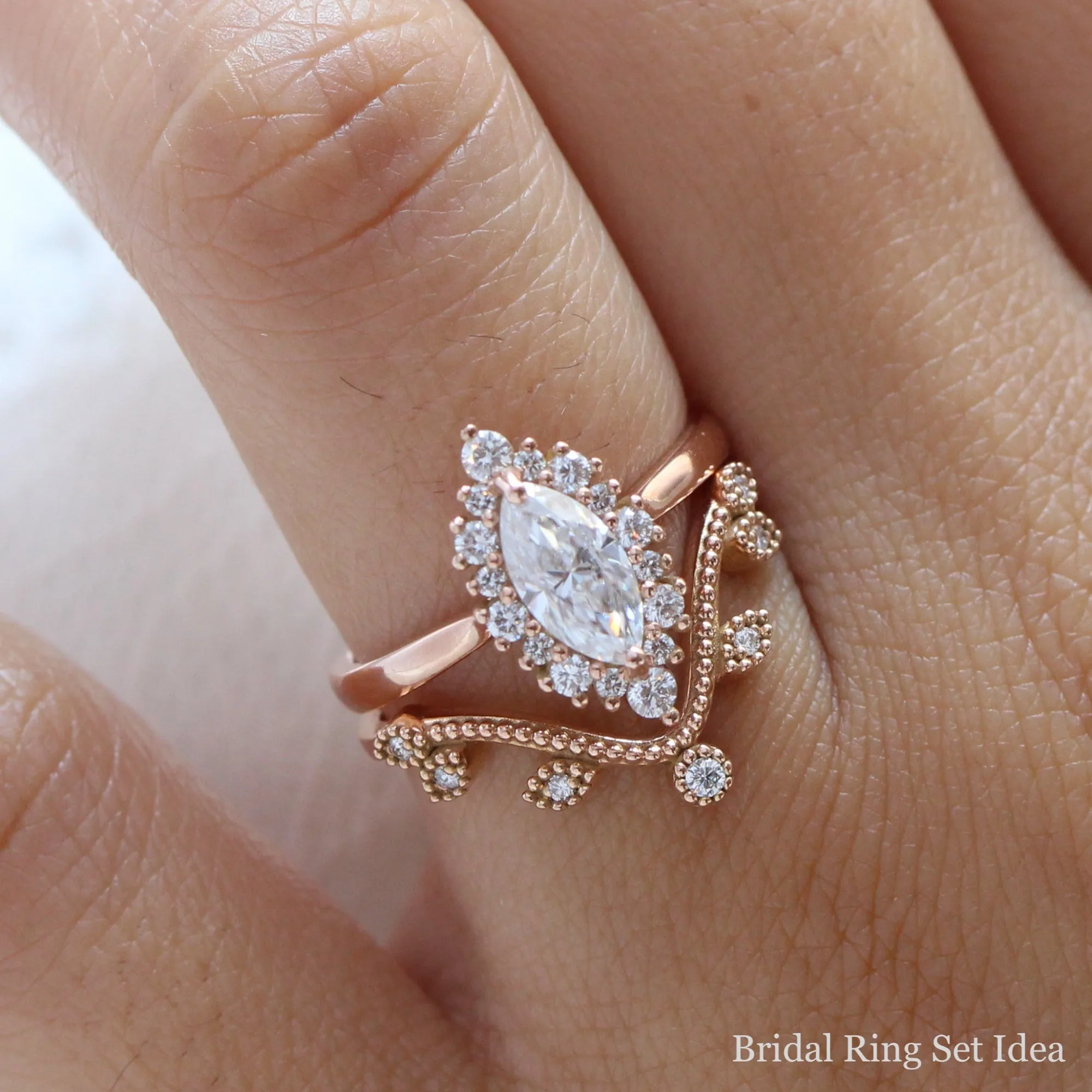 Marquise Moissanite Engagement Ring in Tiara Halo Diamond Tapered Band