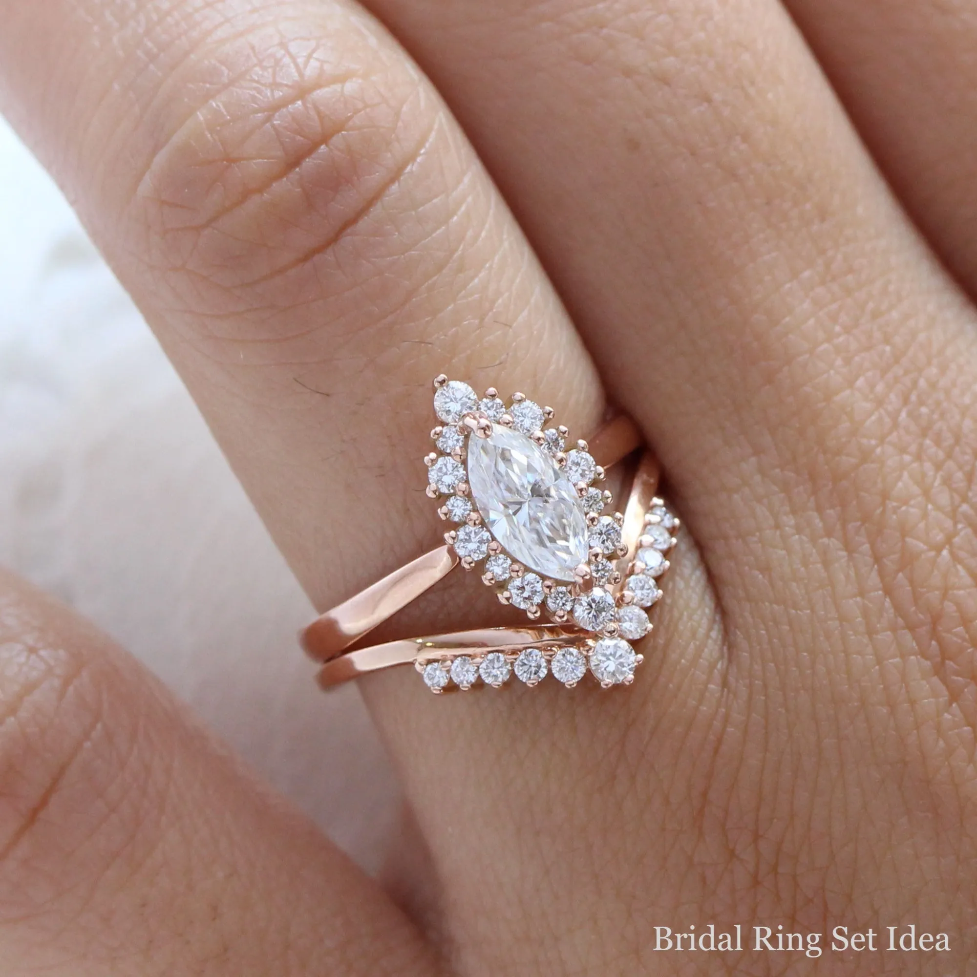 Marquise Moissanite Engagement Ring in Tiara Halo Diamond Tapered Band