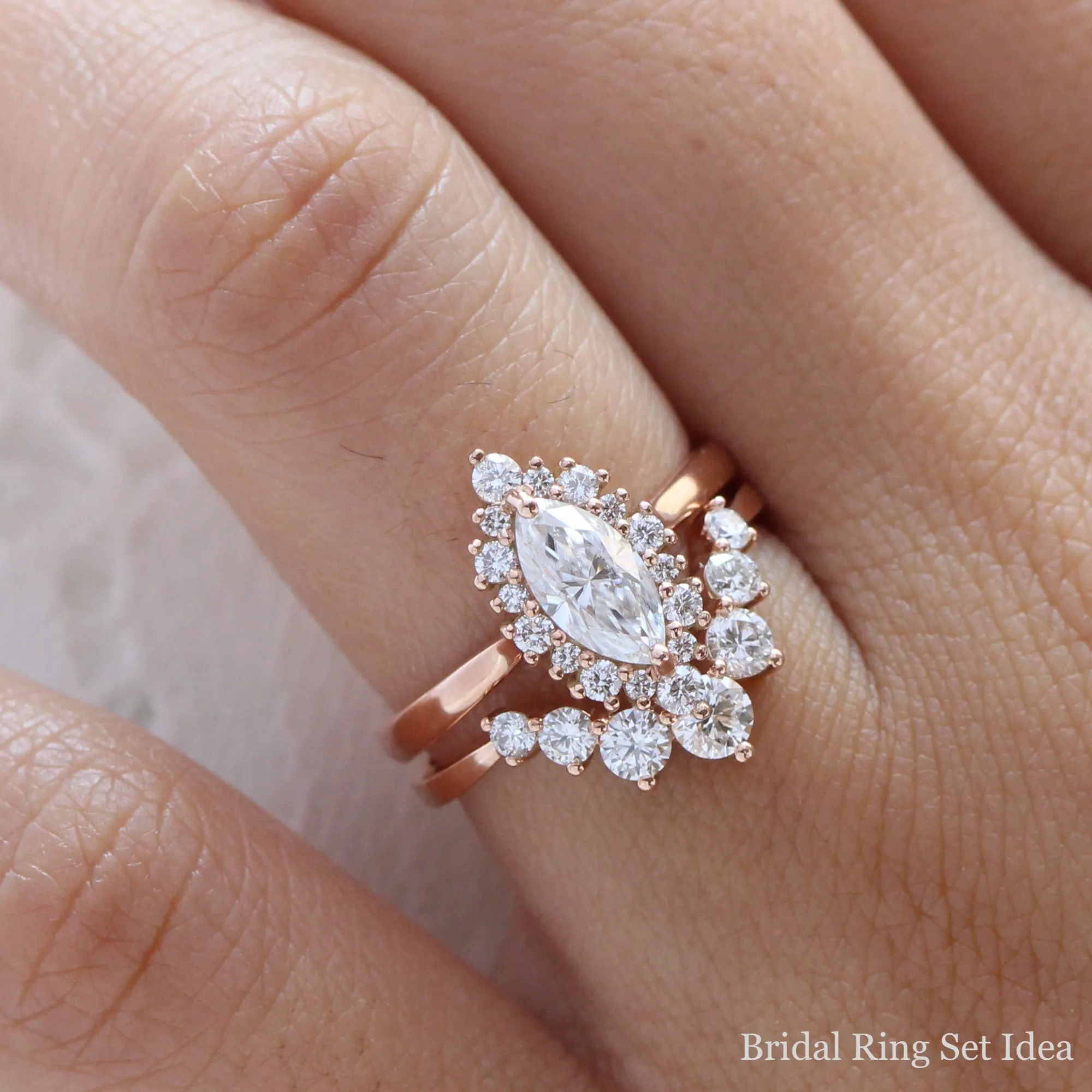 Marquise Moissanite Engagement Ring in Tiara Halo Diamond Tapered Band