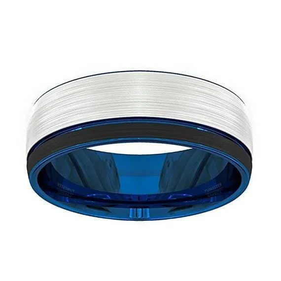 Men's Beveled Tungsten Wedding Band With Brushed Center & Blue Inside - 8mm
