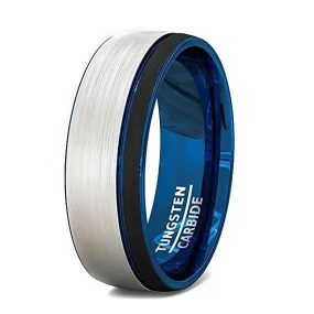 Men's Beveled Tungsten Wedding Band With Brushed Center & Blue Inside - 8mm