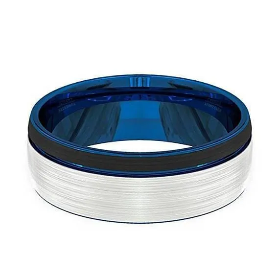 Men's Beveled Tungsten Wedding Band With Brushed Center & Blue Inside - 8mm