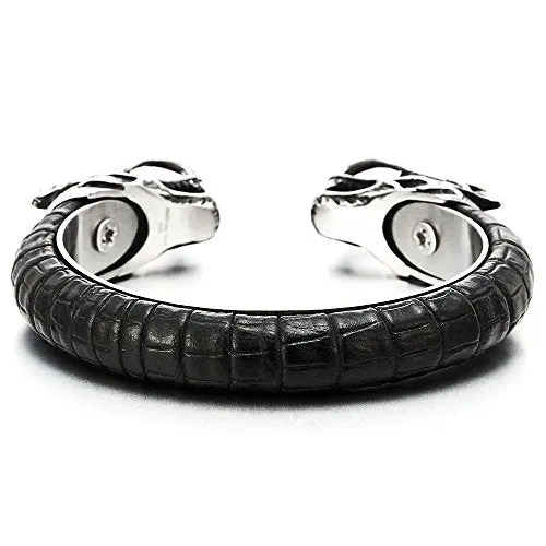 Mens Stainless Steel Dragon Cuff Bangle Bracelet Inlaid with Black Leather, Elastic Adjustable