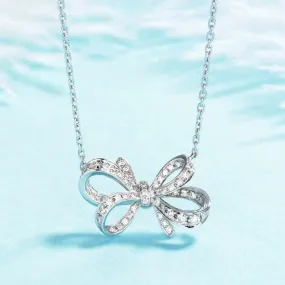 Micro Pave Bowknot Pendant Necklace for Women with Zircon in Silver Color