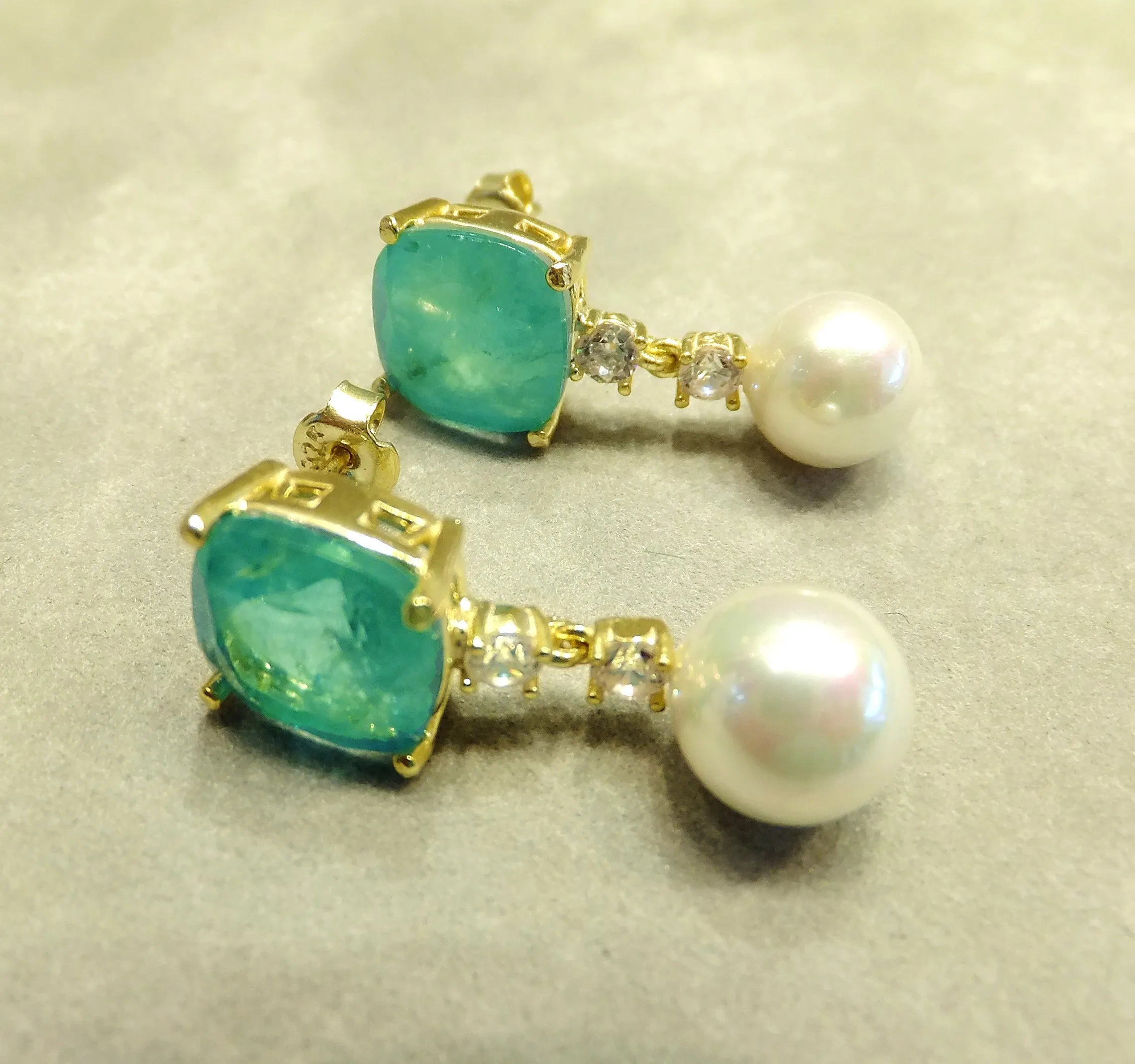 Mint Green Paraiba Tourmaline and Pearl Earrings
