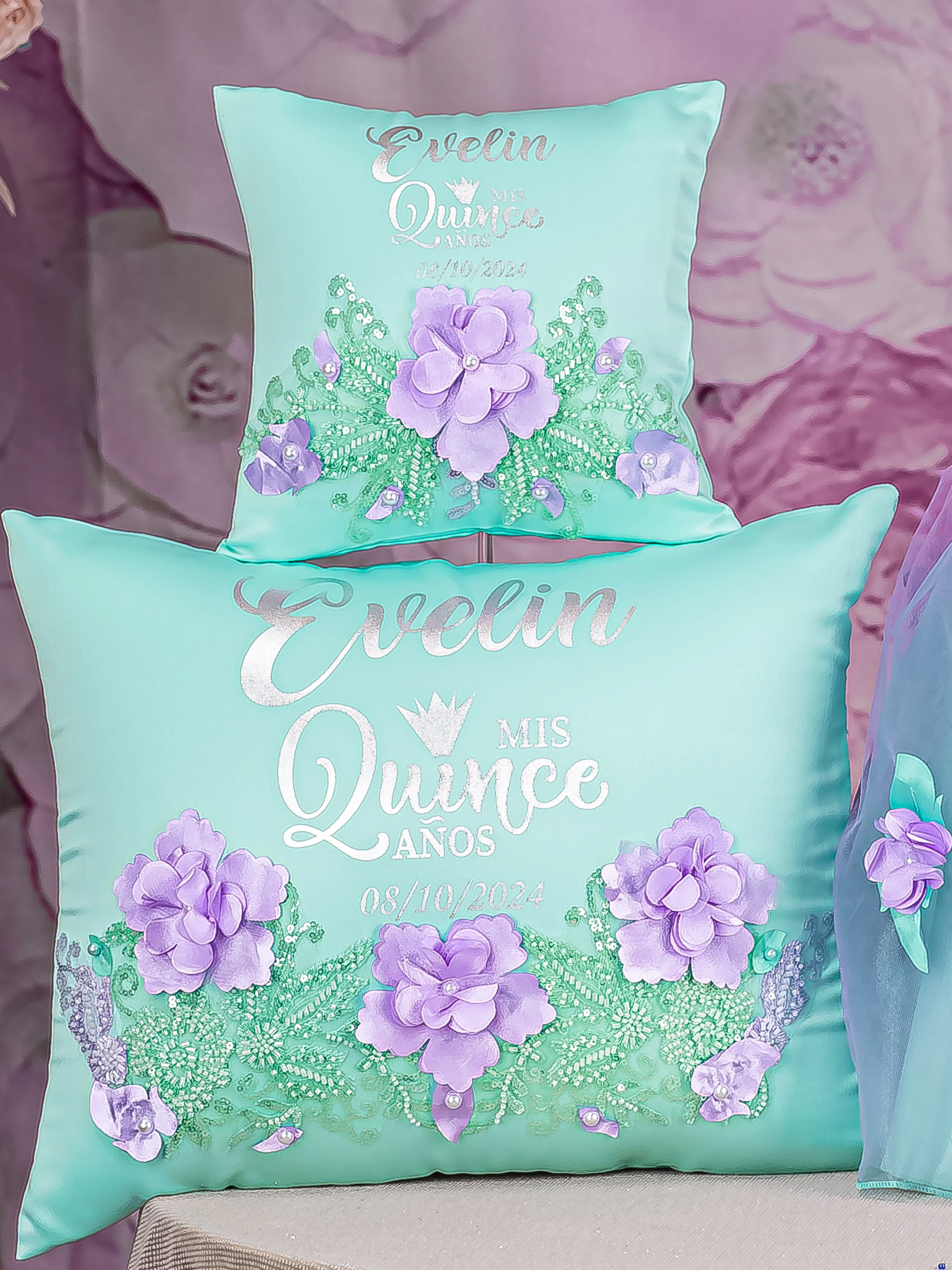 Mint Lilac quinceanera tiara pillow