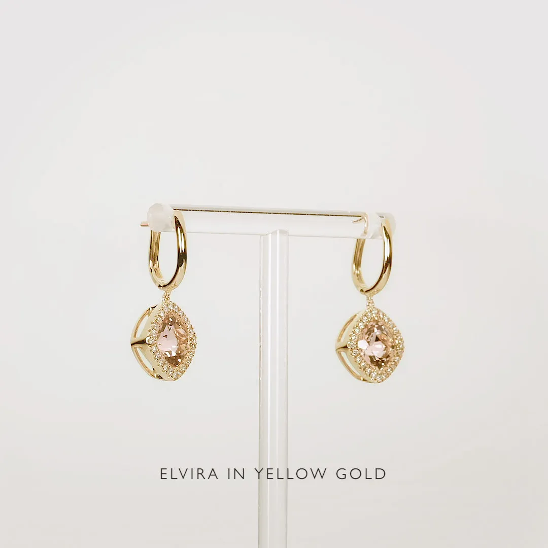Morganite and Diamond Halo Drop Earrings 14k Gold - Elvira
