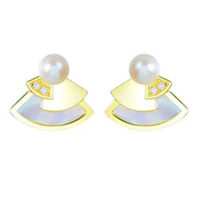 Mother of Pearl Fan Design Pearl Zircon Sterling Silver Stud Earrings