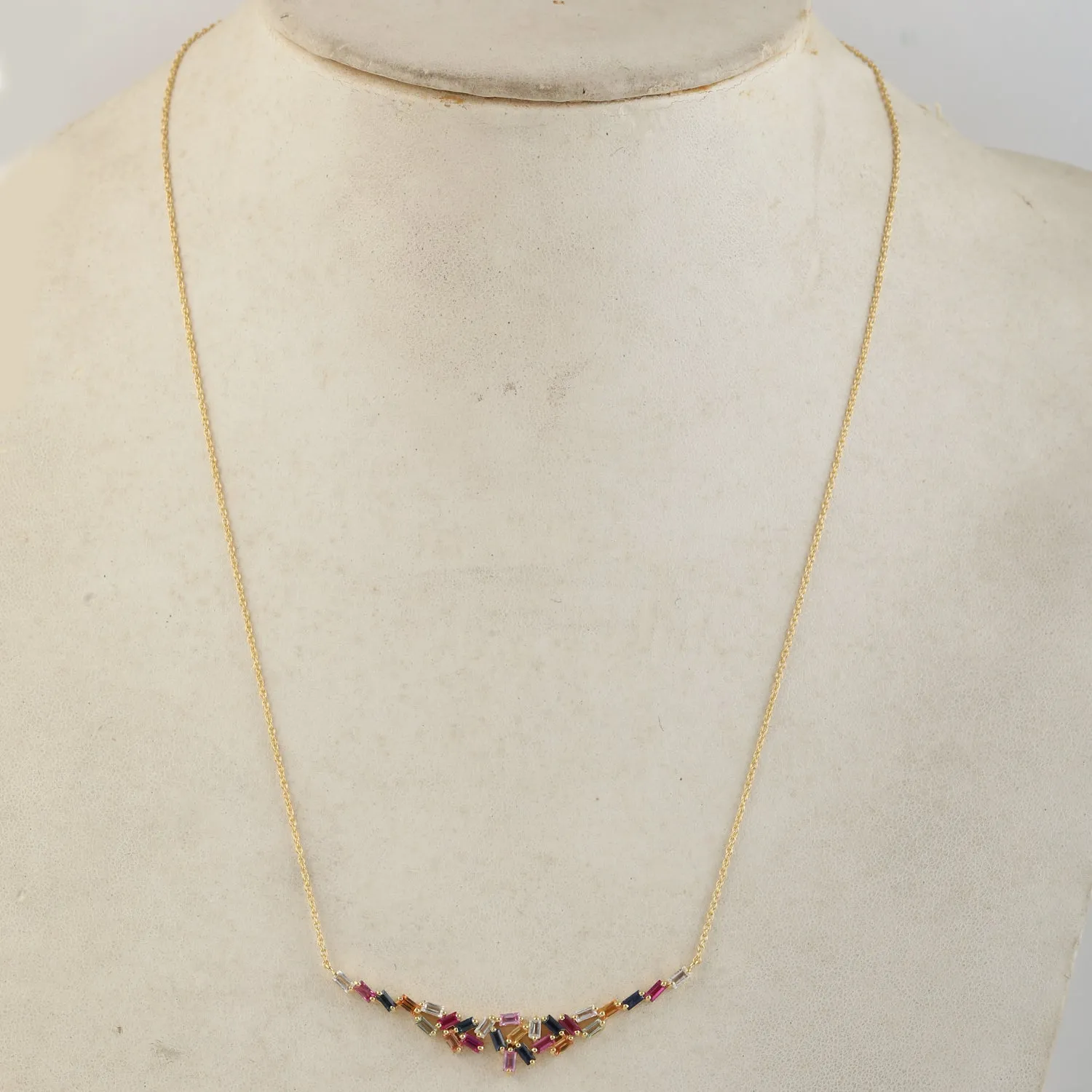 Multicolor Baguette Sapphire Dainty Chain Necklace Jewelry In 18k Yellow Gold