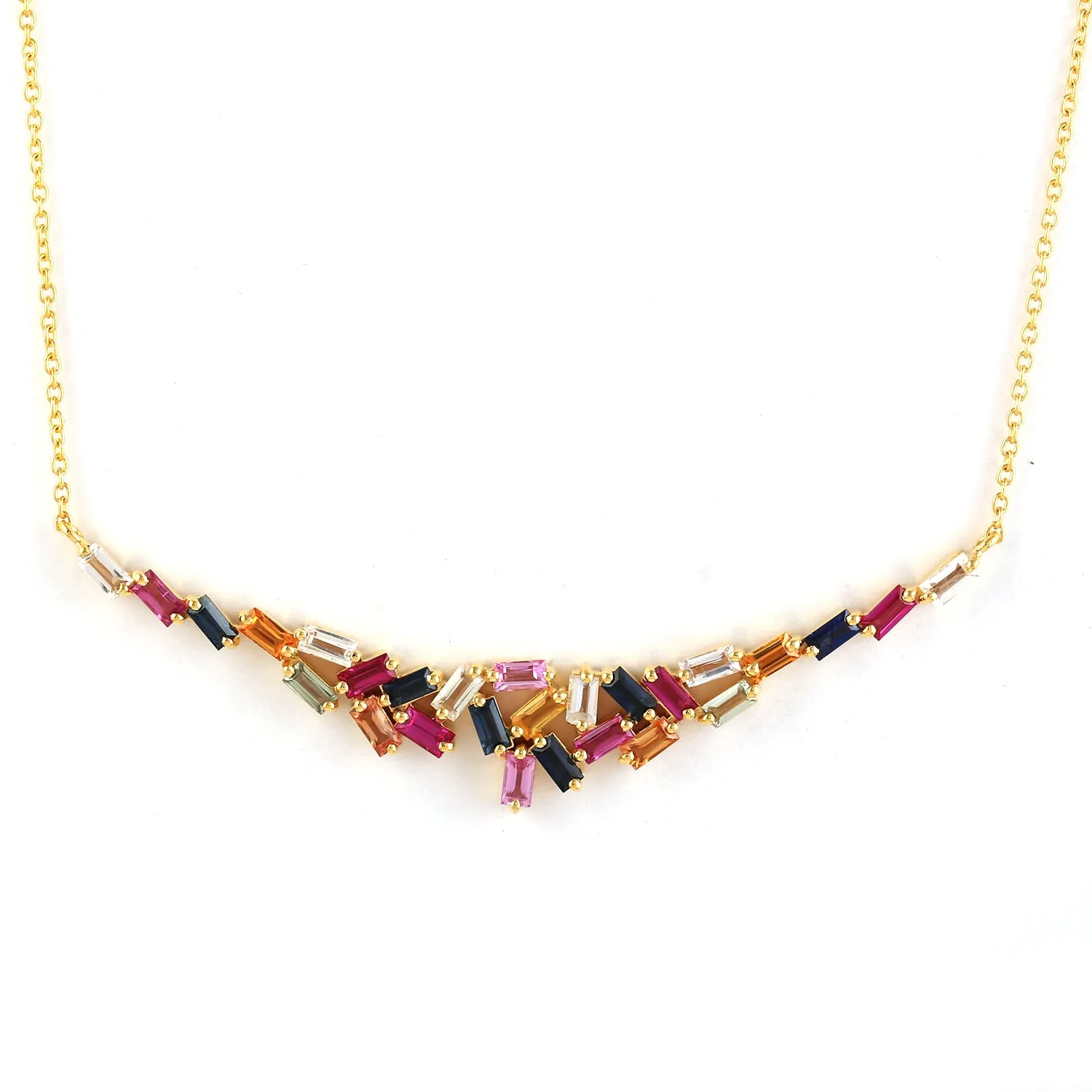 Multicolor Baguette Sapphire Dainty Chain Necklace Jewelry In 18k Yellow Gold