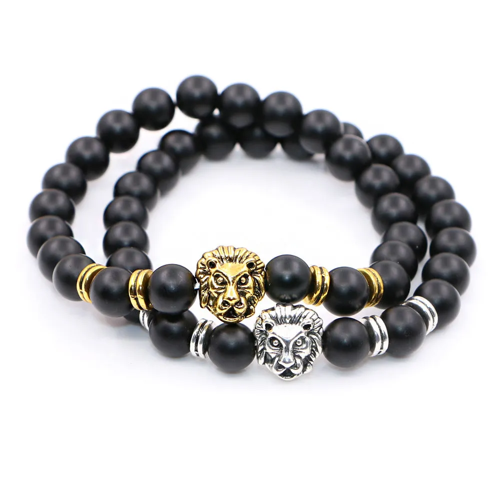Natural Frosted Stone Matt Black Fashion Agate Jewelry Alloy Lion's Head Elastic String Bracelet
