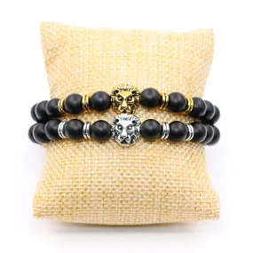 Natural Frosted Stone Matt Black Fashion Agate Jewelry Alloy Lion's Head Elastic String Bracelet