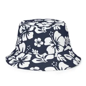 Navy Blue and White Hawaiian Flowers Reversible Bucket Hat