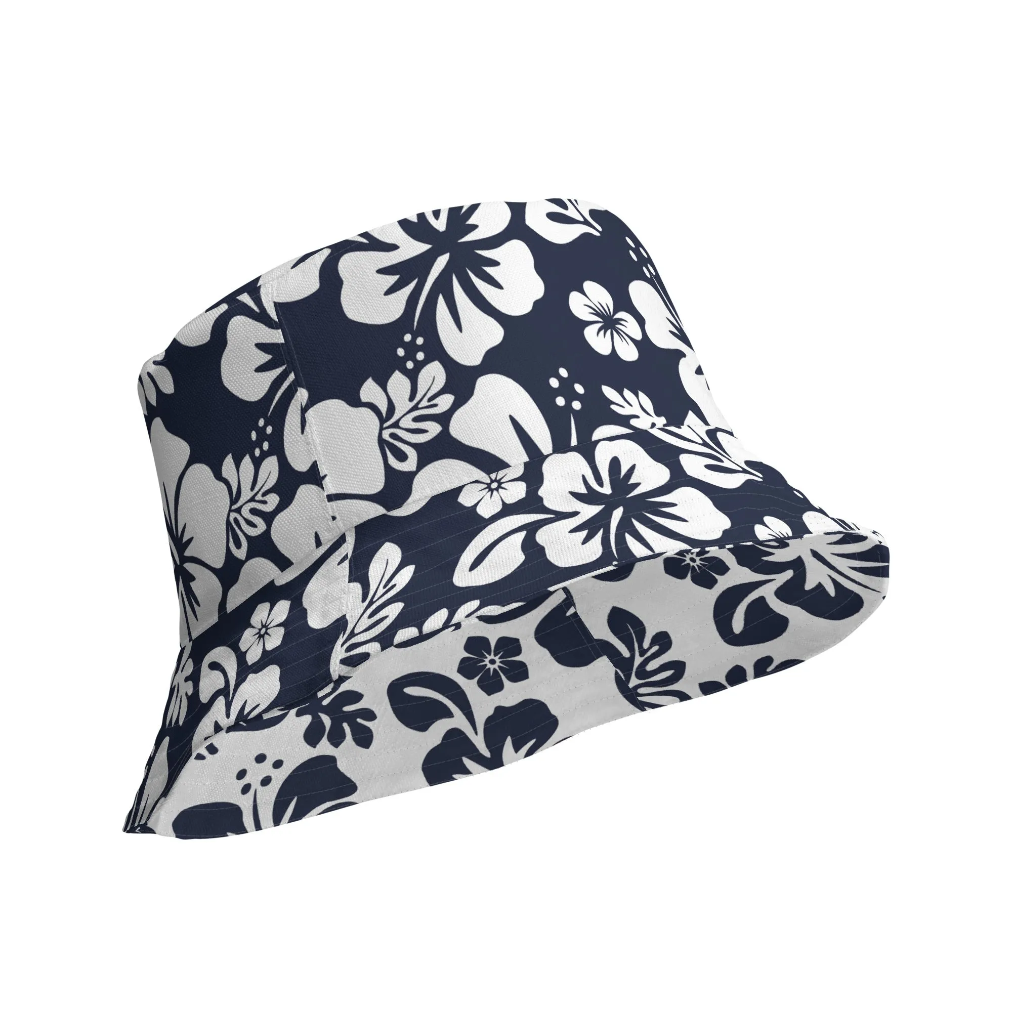 Navy Blue and White Hawaiian Flowers Reversible Bucket Hat