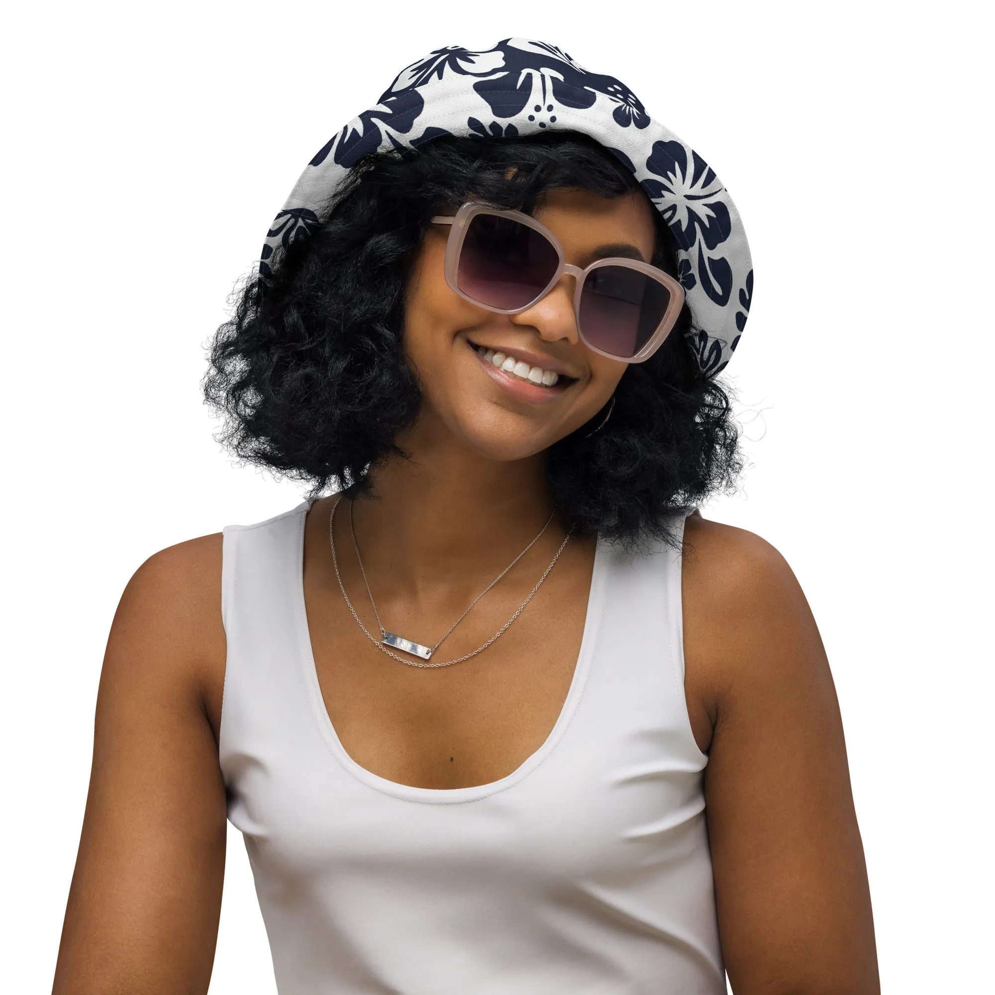 Navy Blue and White Hawaiian Flowers Reversible Bucket Hat