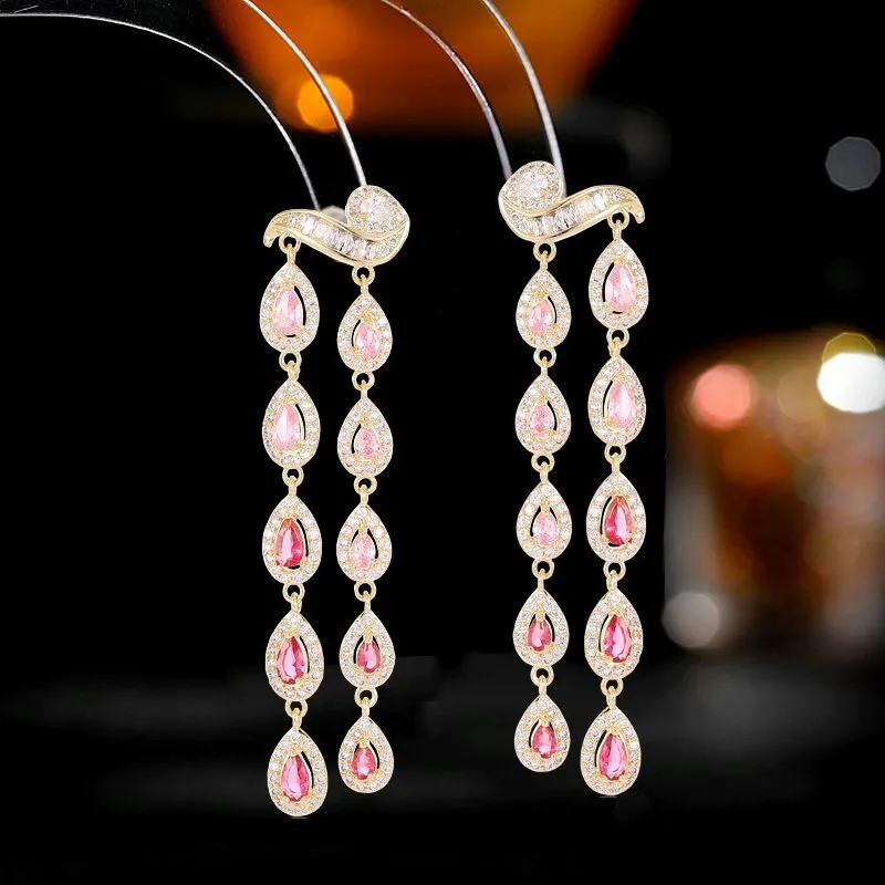 New Cubic Zircon S925 Silver Needle Long Light Luxury Banquet Dress Earrings Micro-set Zircon Waterdrop Earrings LYG005