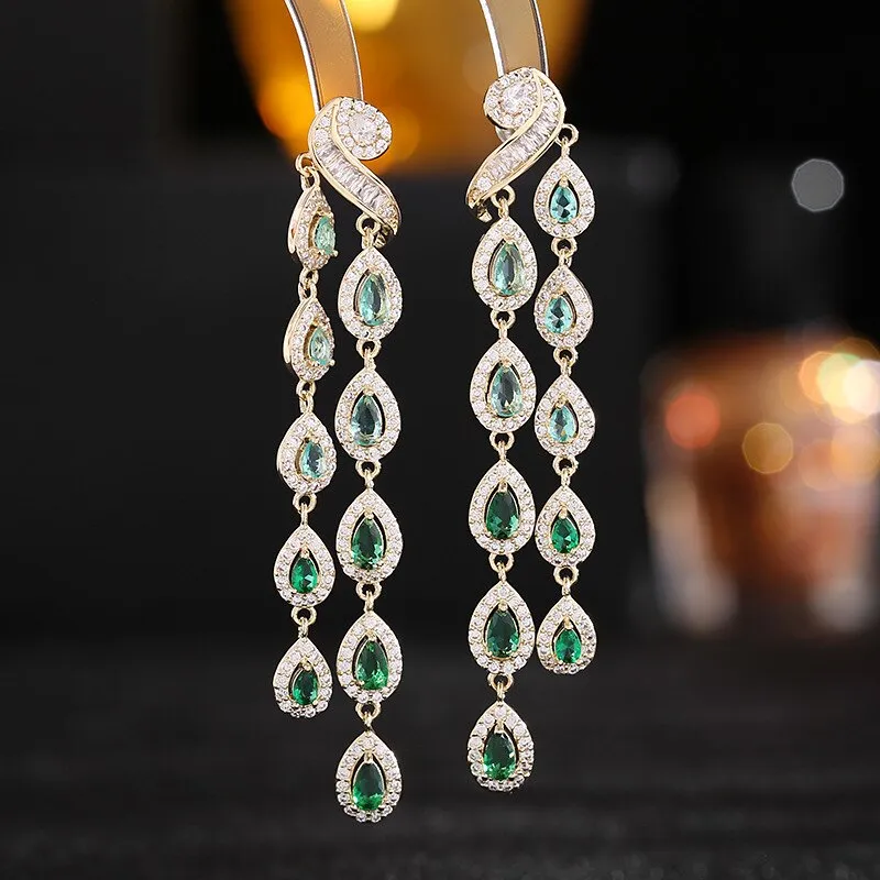 New Cubic Zircon S925 Silver Needle Long Light Luxury Banquet Dress Earrings Micro-set Zircon Waterdrop Earrings LYG005