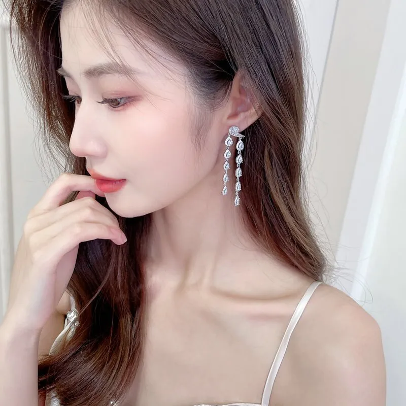 New Cubic Zircon S925 Silver Needle Long Light Luxury Banquet Dress Earrings Micro-set Zircon Waterdrop Earrings LYG005