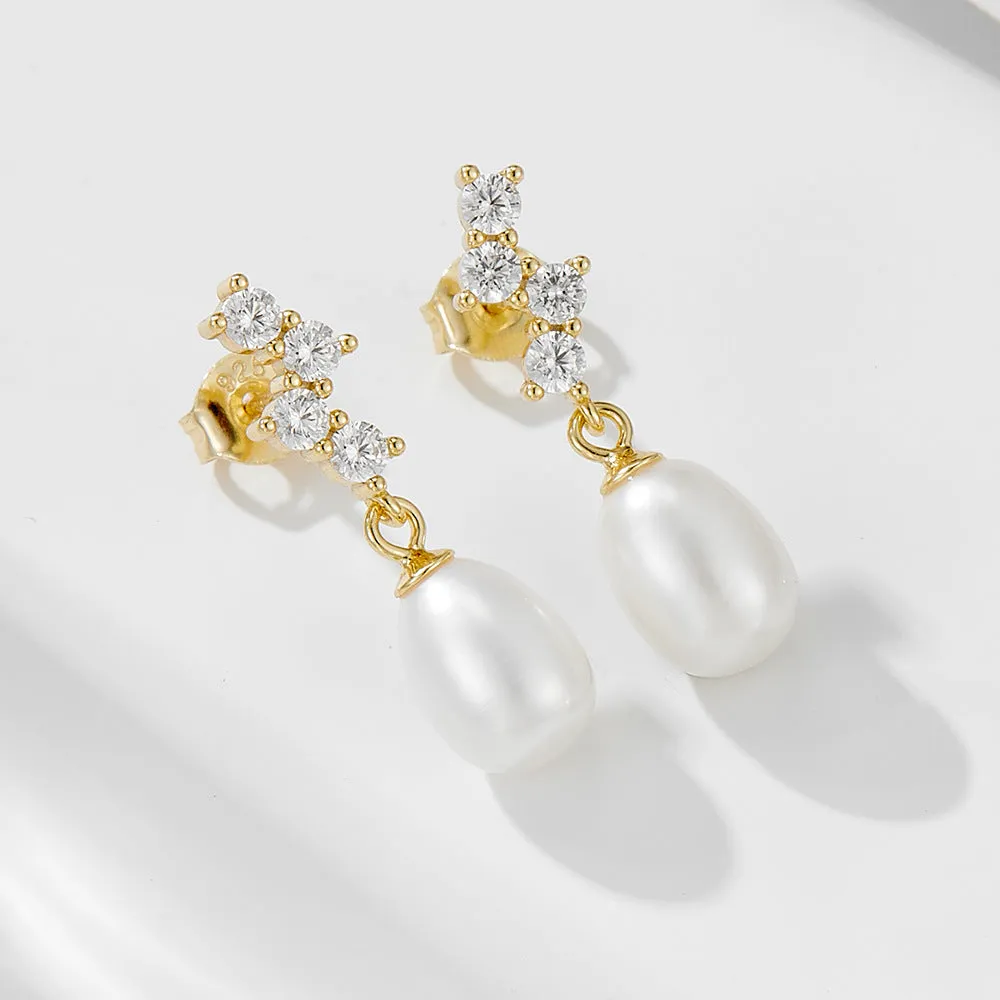 Oval Freshwater Pearl Pendant Round Zircon Sterling Silver Drop Earrings