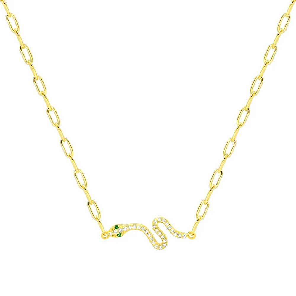 Paperclip Snake Diamond CZ Green Eyes Sterling Silver Golden Bracelet