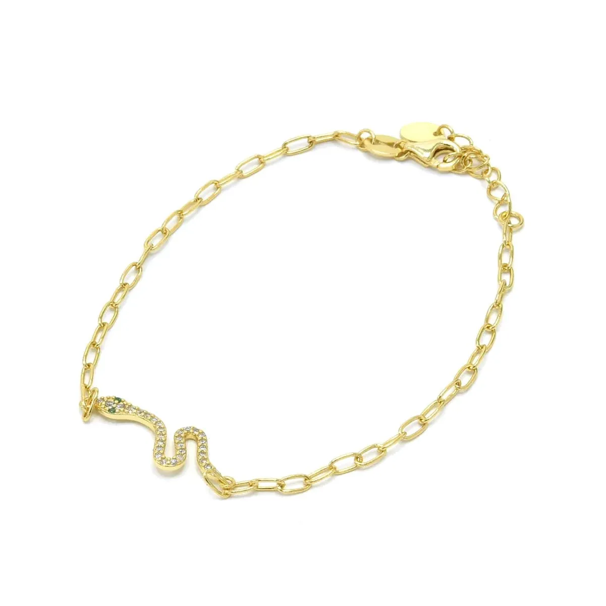Paperclip Snake Diamond CZ Green Eyes Sterling Silver Golden Bracelet
