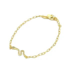 Paperclip Snake Diamond CZ Green Eyes Sterling Silver Golden Bracelet