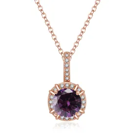Paris Jewelry 18K Rose Gold 1ct Halo Amethyst Round 18 Inch Necklace Plated