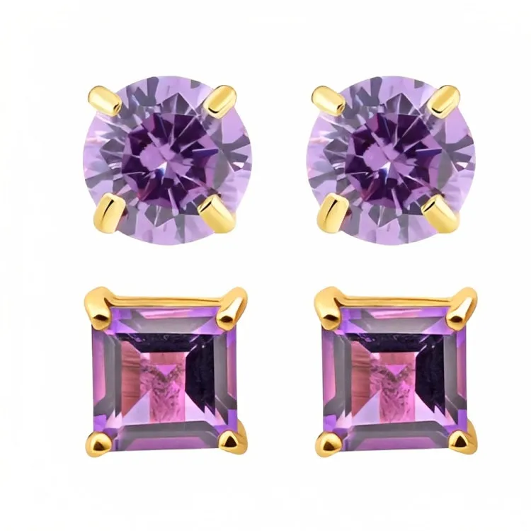 Paris Jewelry 18k Yellow Gold 2 Pair Created Amethyst 4mm Round & Princess Cut Stud Earrings Plated
