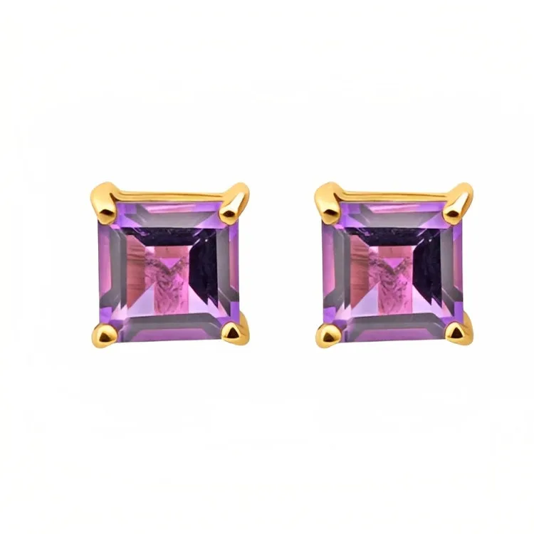 Paris Jewelry 18k Yellow Gold 2 Pair Created Amethyst 4mm Round & Princess Cut Stud Earrings Plated