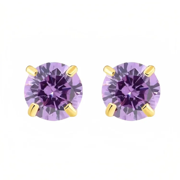 Paris Jewelry 18k Yellow Gold 2 Pair Created Amethyst 4mm Round & Princess Cut Stud Earrings Plated