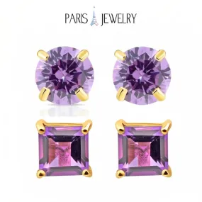 Paris Jewelry 18k Yellow Gold 2 Pair Created Amethyst 4mm Round & Princess Cut Stud Earrings Plated