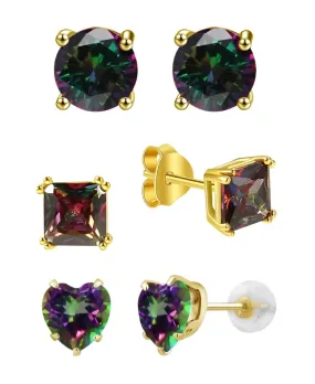 Paris Jewelry 18k Yellow Gold Created Mystic 3 Pair Round, Square And Heart Stud Earrings Plated 4mm
