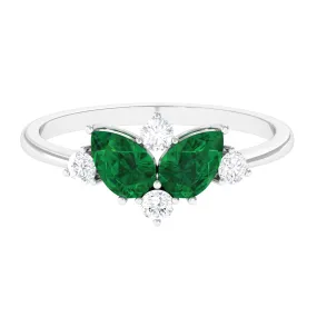 Pear Cut Created Emerald Cluster Promise Ring with Diamond