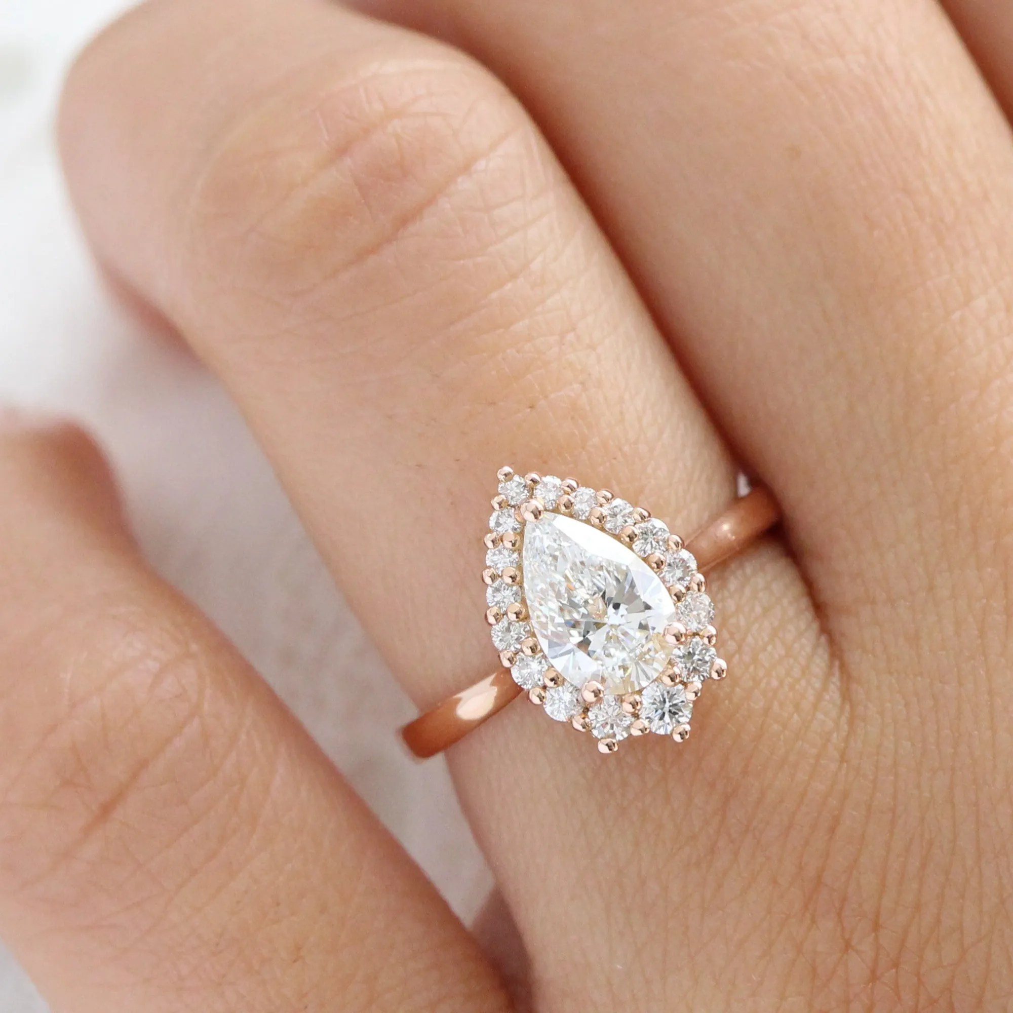 Pear Cut Lab Diamond Ring w/ Natural Diamonds in Tiara Halo Ring