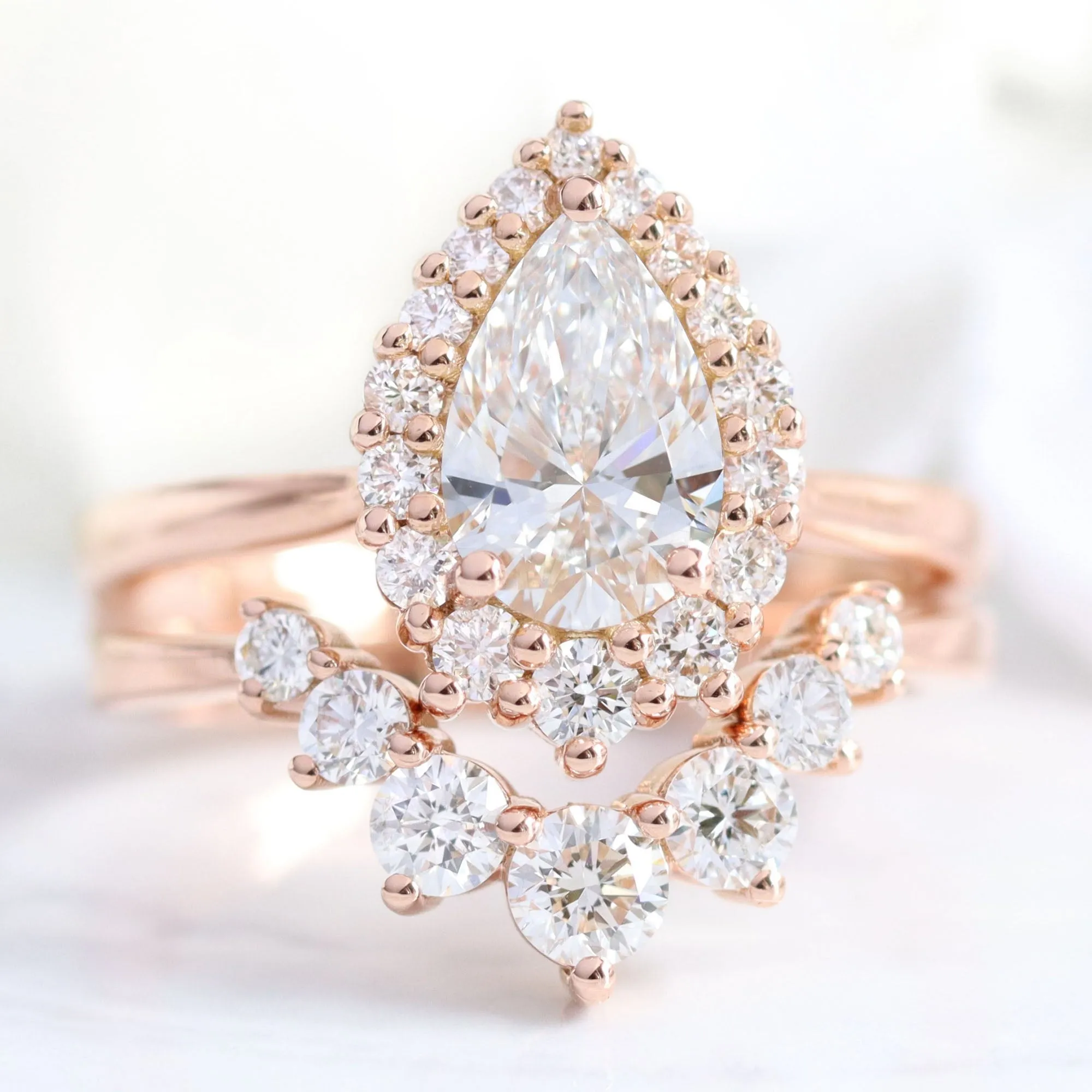 Pear Cut Lab Diamond Ring w/ Natural Diamonds in Tiara Halo Ring