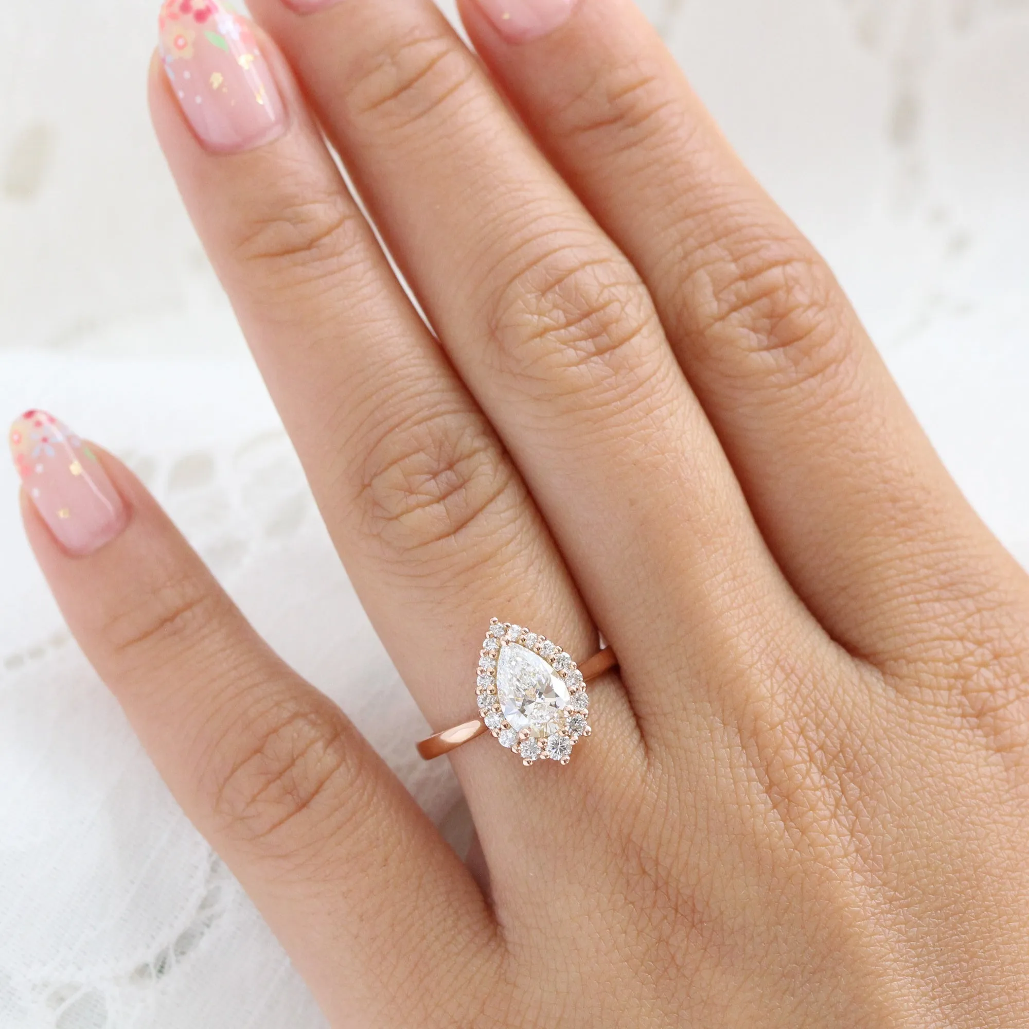Pear Cut Lab Diamond Ring w/ Natural Diamonds in Tiara Halo Ring