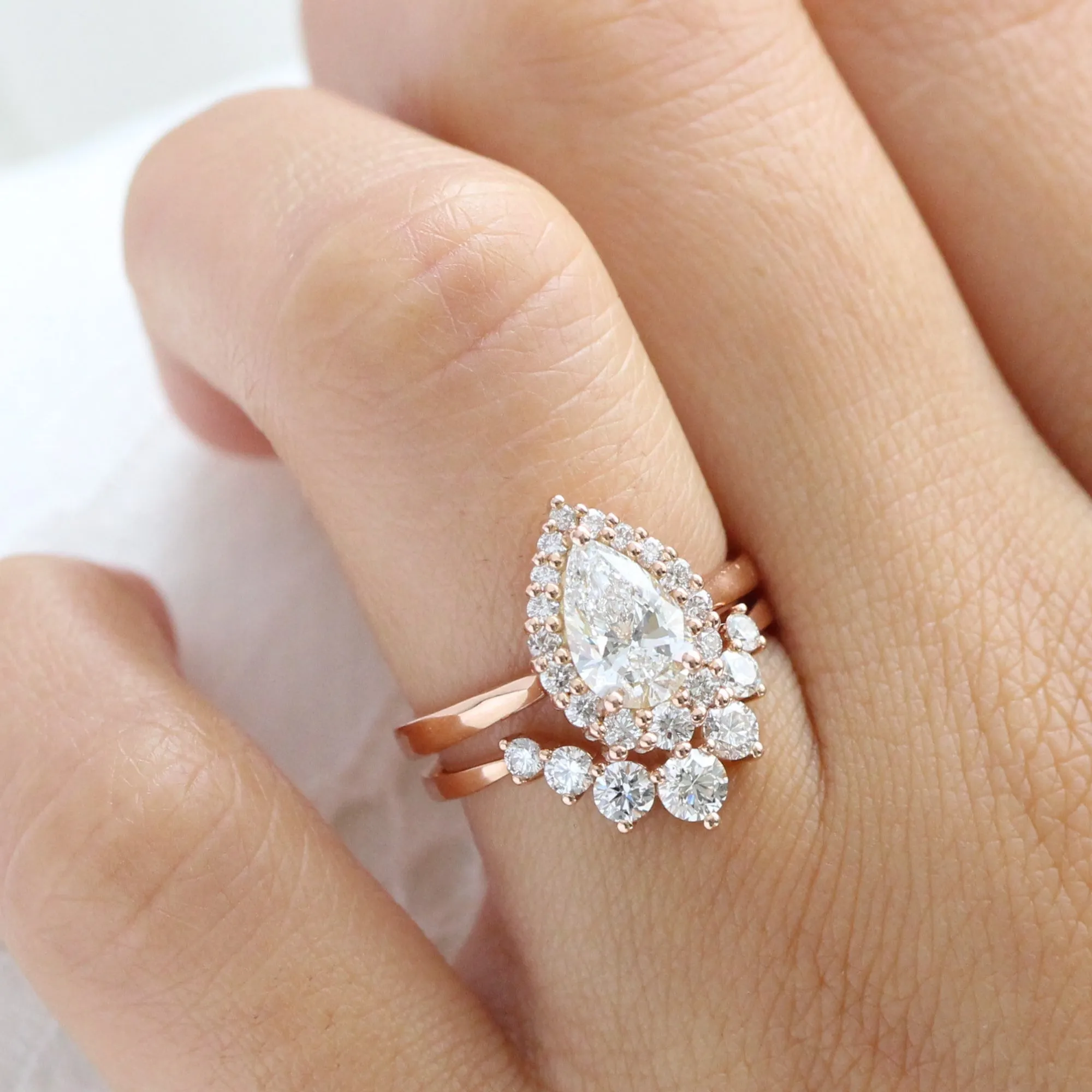 Pear Cut Lab Diamond Ring w/ Natural Diamonds in Tiara Halo Ring