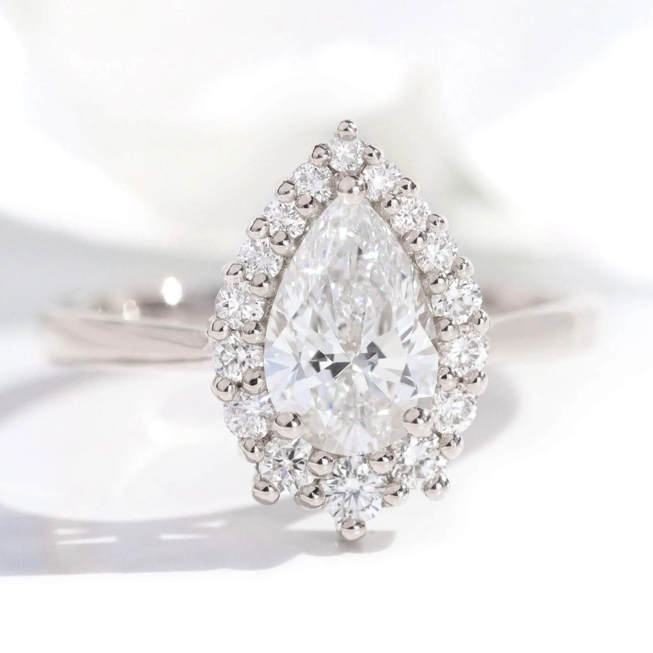 Pear Cut Lab Diamond Ring w/ Natural Diamonds in Tiara Halo Ring