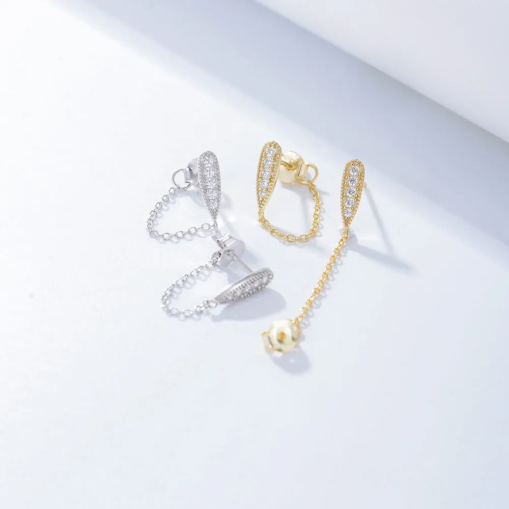 Pear Drop Zircon Chain Tassel Silver Studs Earrings for Women